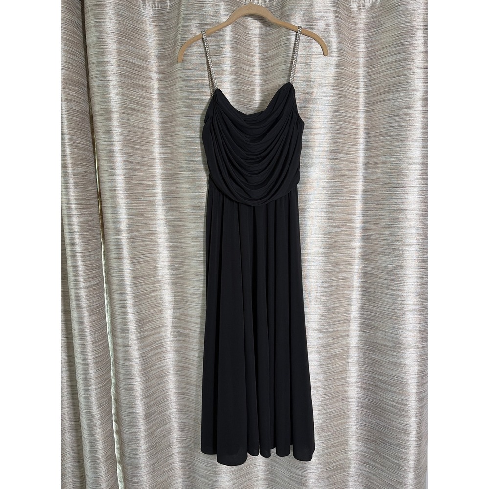 Vintage Rimini Black Draped Cowl Neck Dress Rhinestone Straps ILGWU USA Size 8